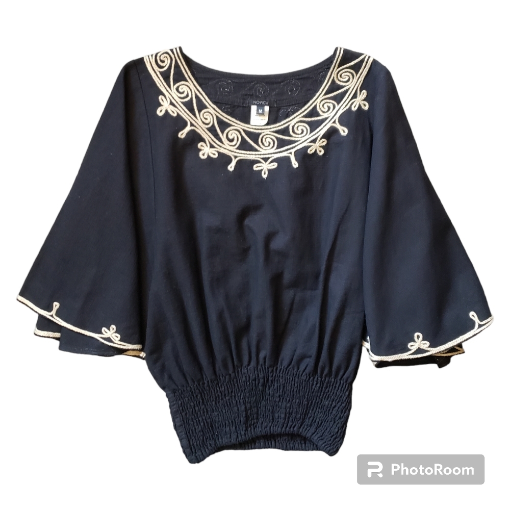 Novica womens Embroidered Cotton Top, "Cool Night"Bell sleeve blouse size M